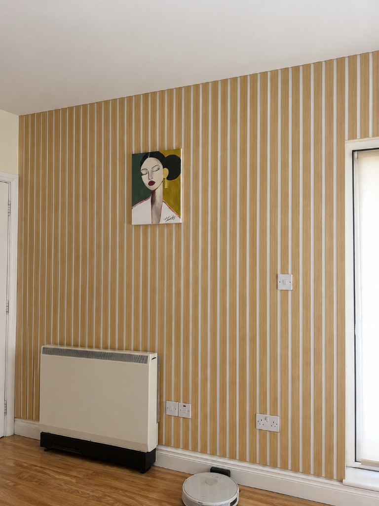Room with wood slat wall panels